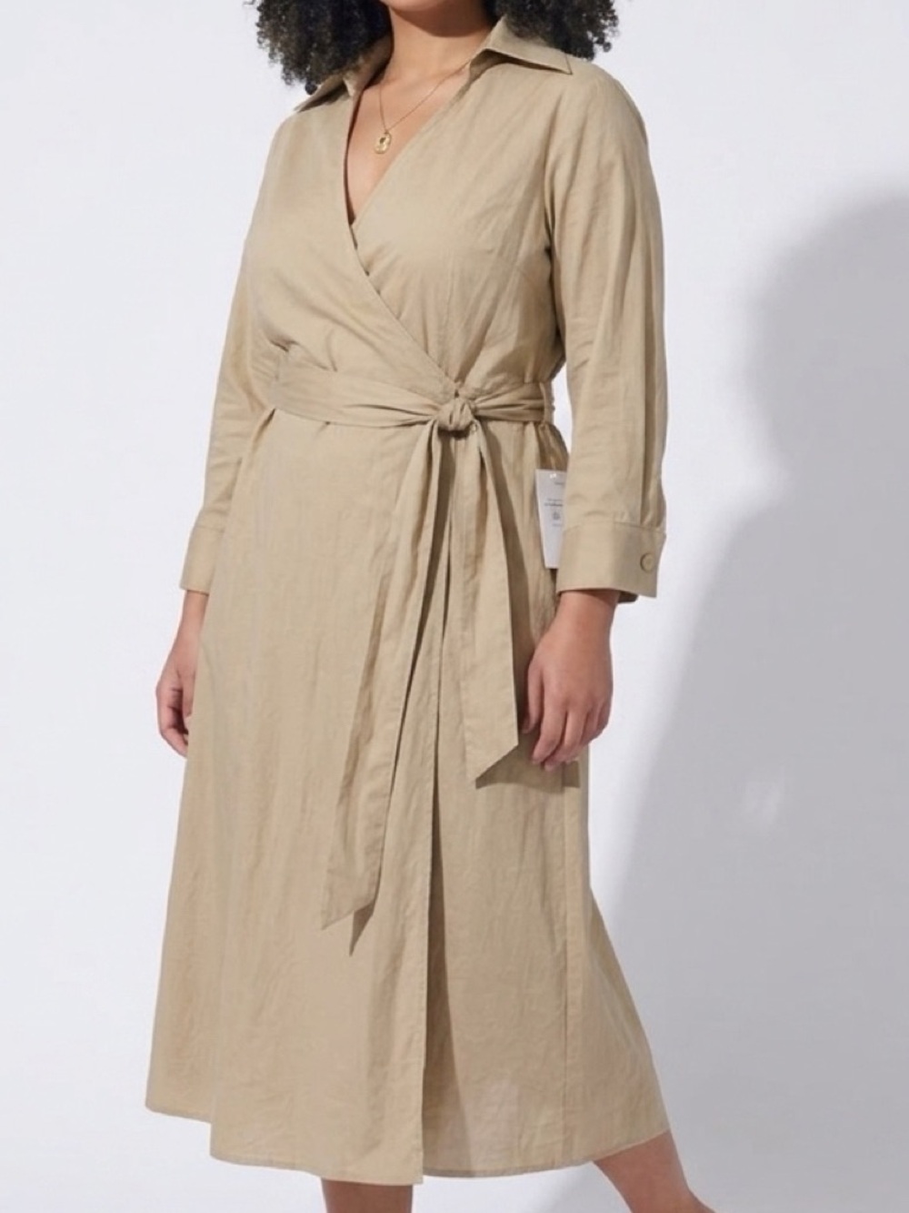 Tie-Waist Wrap Midi Shirt Dress in Beige